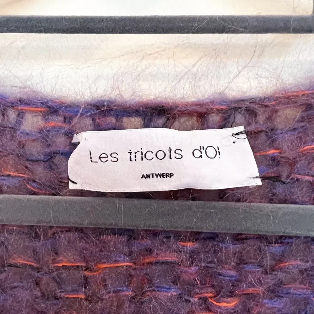 Les Tricots d'O Purple Kid Mohair Blend Striped Hand Knit V Neck Chunky Sweater - Picture 9 of 11